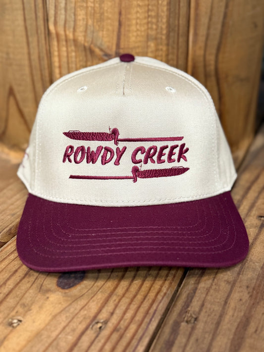 Tan/maroon old school hat