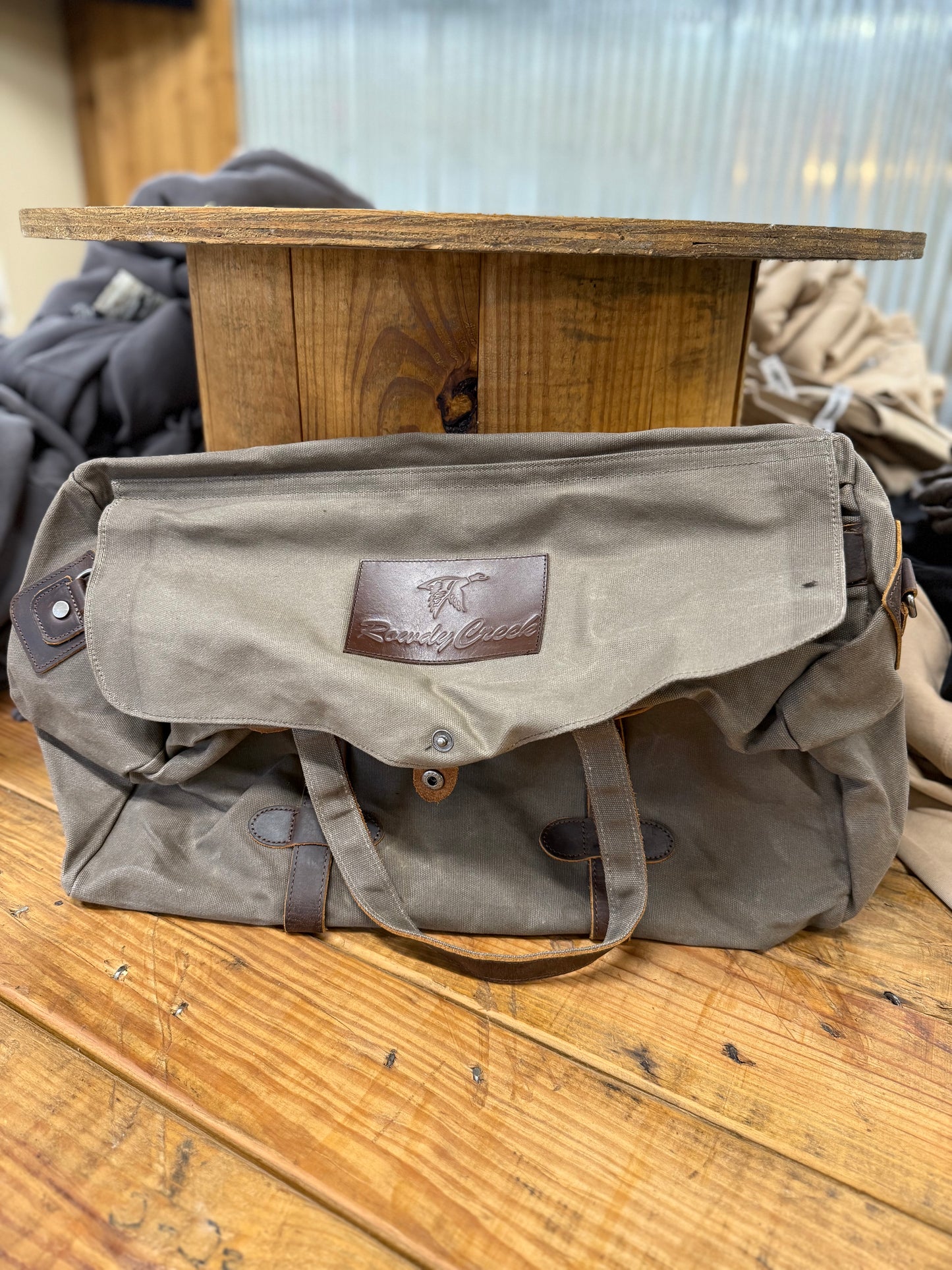 Grey waxed canvas duffle